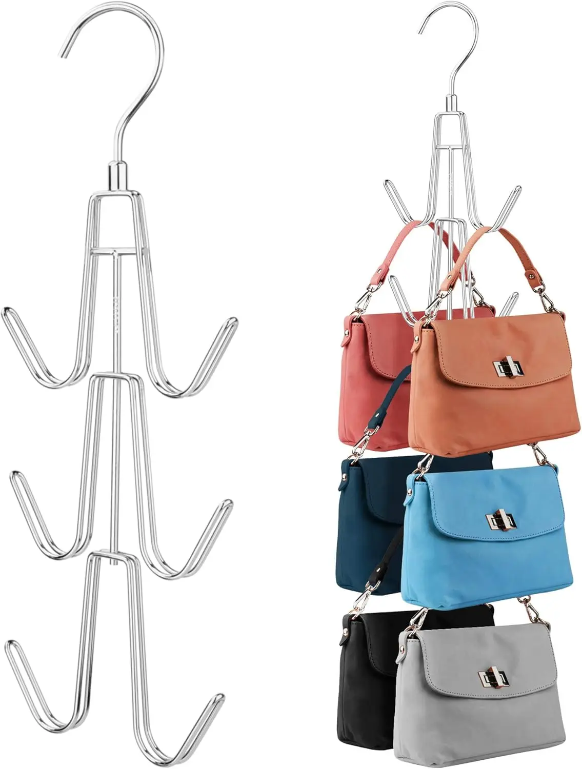 Closet Bag Hangers - 2-Piece Purse Rack Organizer with Pursehook, 16 in Width, 22 in Height, 26 in Length, Heavy-Duty Chrome Metal for Visible, Well-Maintained Bags