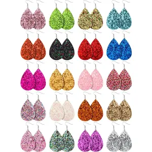 20 Pairs Glitter Teardrop Earrings Bulk Leather Lightweight Leaf Dangle Earring Fashion  for Women