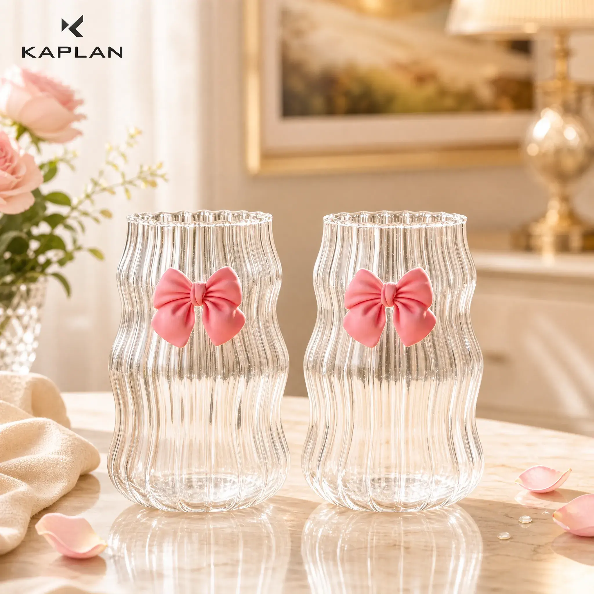 2/4/6pcs Bow Vertical Stripe Glass Coffee Cup, Juice Cold Drink Iced Americano Latte Cup, Chubby Breakfast Milk Cup, Cloud Water Drinking Cup