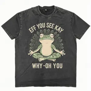 Menswear Men's Oversized Relaxed Fit Cotton Short-Sleeve Tee - Funny "Eff You See Kay" Frog Meditation Graphic, Retro Cream Text, Green Mandala Art, Casual Round Neck T-Shirt Streetwear Top