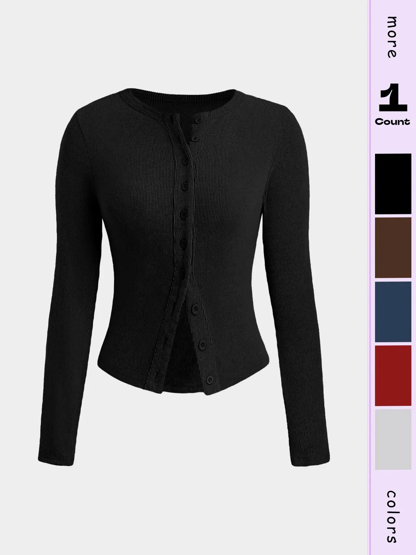 Women's Basic Plain Solid Button Front Ribbed Fitted Tee Shirt, Casual Long Sleeve Round Top, Aesthetic Womenswear, Casual Daily Tops
