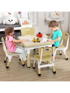 【Labor Day Sale】Daycares Kids Table And Chairs Set, Height Adjustable Desk with 4 Seats, 23.6'' Square Arts & Crafts Table, Graffiti Desktop, Non-Slip Legs Dining Study