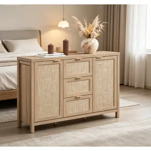 51" Rattan Sideboard Cabinet, Buffet Cabinet with Storage, Coffee Bar Cabinet with 2 Doors & 3 Drawers, Boho Farmhouse Storage Cabinet for Living Room, Kitchen