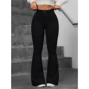 Women'S High-Waisted Slim-Fit Bell-Bottom Jeans - Vintage Washed Solid Black Denim Pants with Elastic Button Closure, All-Season Machine Washable Durable Fabric, Classic Retro Style for Casual & Formal Occasions, Versatile Mature Women'S Trousers