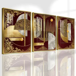 3 Counts Aluminum Alloy Framed Painting, Abstract Geometric Gold And Burgundy Art, Home Decoration For Living Room, Bedroom, Office, Restaurant, Hallway Wall Decor, Odorless Print Artwork, Luxury Perfect Gift For Friends And Family
