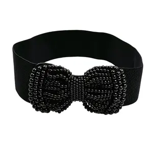 OIDEA Women's Vintage Wide Beaded Bow Stretchy Waist Fashion Belt - Female Decorative Elastic Cinch Belt with Snap Closure for Dresses, Daily Outfits