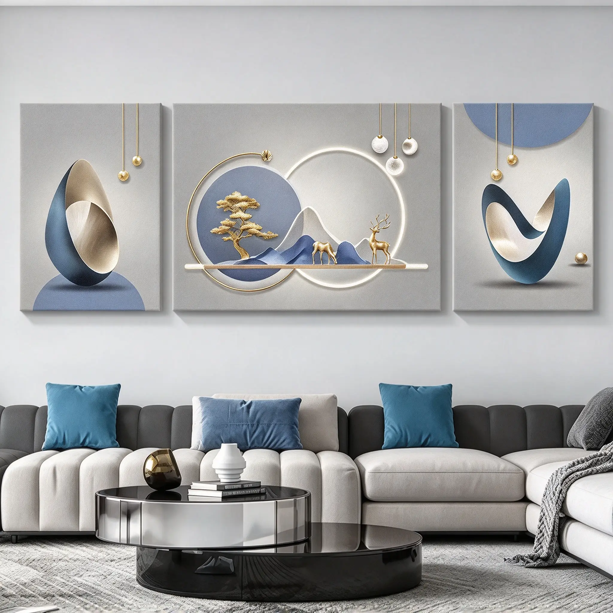 3 Piece Wooden-Frame Canvas Wall Art Set, Wall Art Prints, Modern Abstract Geometric Pattern, HD Inkjet Waterproof Canvas for Living Room, Hallway & Home Deco