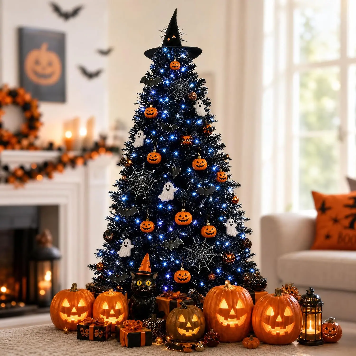 Pre-Lit Black Artificial Christmas Tree, 4/5/6/7/8 FT with Warm White Lights, Realistic PE & PVC Branches, Full Dense Branch Design, Hinged Setup, Holiday Decoration for Home Indoor Christmas Decor