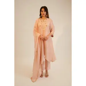 Peach embroidered asymmetric kurta paired with pants and dupatta