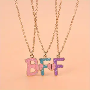 3pcs BFF Heart Pendant Necklace Set - Fashionable Alloy Friendship Jewelry for Girls, Mixed Colors