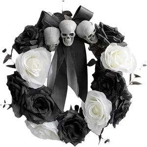 Halloween skull wreath door hanging decoration, holiday dark style rattan ring atmosphere decoration