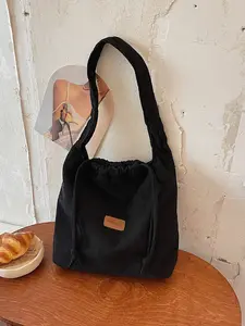 Vintage Corduroy Drawstring Tote Bag, Solid Color Large Capacity Women's Casual Shoulder Bag, Everyday Use Fashion Accessory, Fashionable Unique Bags