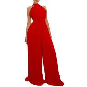 Summer Autumn Elegant Pleated Jumpsuits for Women O Neck Sleeveless Belt Waisted Floor Length Birthday Party Outfits Overalls Clothes Light Womenswear Check Gamis Basic Minimalist Jumpsuit