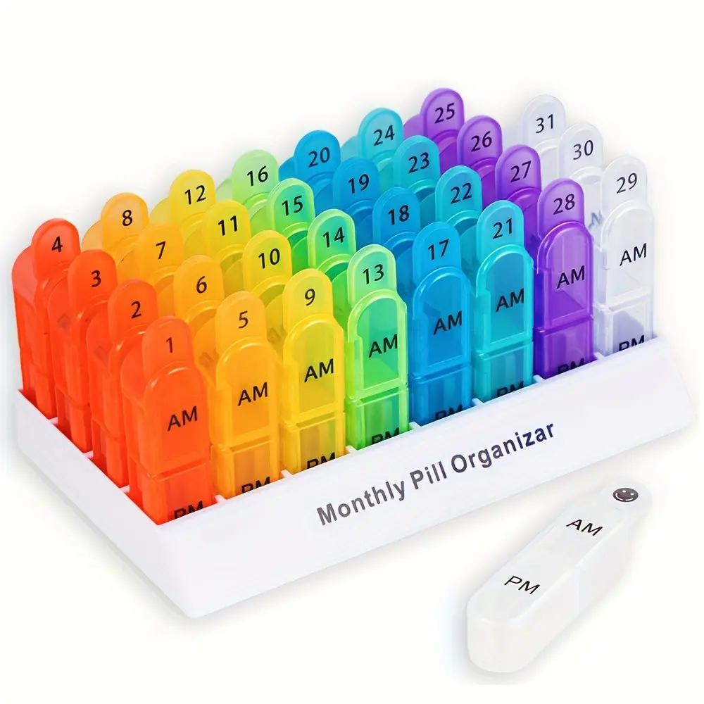 Monthly Pill Organizer, Daily 2 Times, 30 Day Pill Box, Am Pm, Daily Pill Case, 32 Large Compartments, Portable Travel Pill Container, Vitamin Organizer, Supplement Organizer