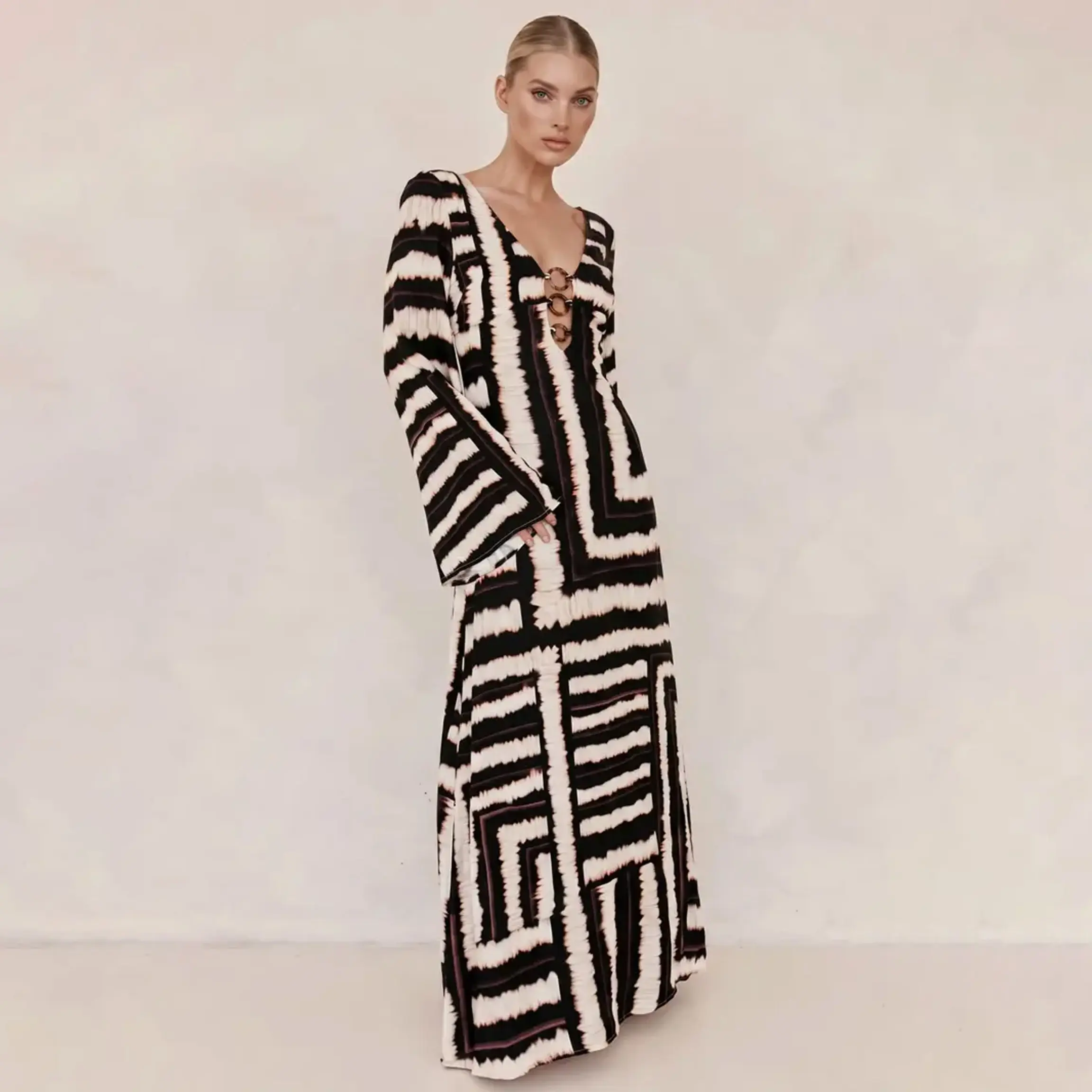 LikeMyChoice 2026 Bohemian Style Unique Printed Maxi Dress | Sexy V-Neck Cutout Tie Ring Long Dress | Euro Summer Vacation Backless Sundress | Viral Boho Chic Festival Dress