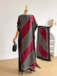 Elegant Silk Geometric Print Robe Set, Hooded Shawl + Long Scarf, Women's Beach Cover Up Sun Protection Satin Wrap