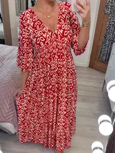 Summer New Plus Size Loose Long Dress, Beach Vacation Floral V Neck Dress, Casual Boho Style, Women's Fashion Clothing
