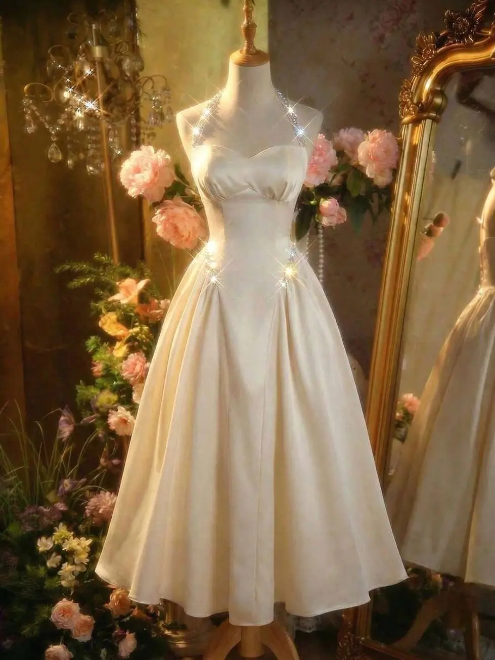 🌸 Women's Floral Halter Midi Dress, Romantic Vintage Dress For Wedding Guests, Garden Parties And Summer Events.