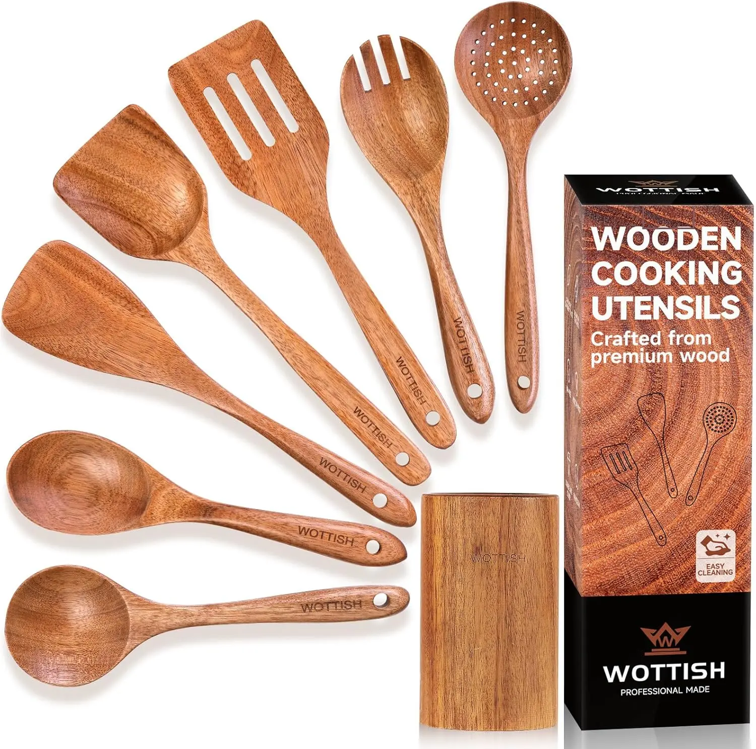 Tratalux Wooden Spoons for Cooking - Wooden Kitchen Utensil Set made of Natural Solid Wood Material-Includes Spoons,Spatulas,Ladles,Mixing Spoon and Utensil Holder,Valentine's Day Gifts