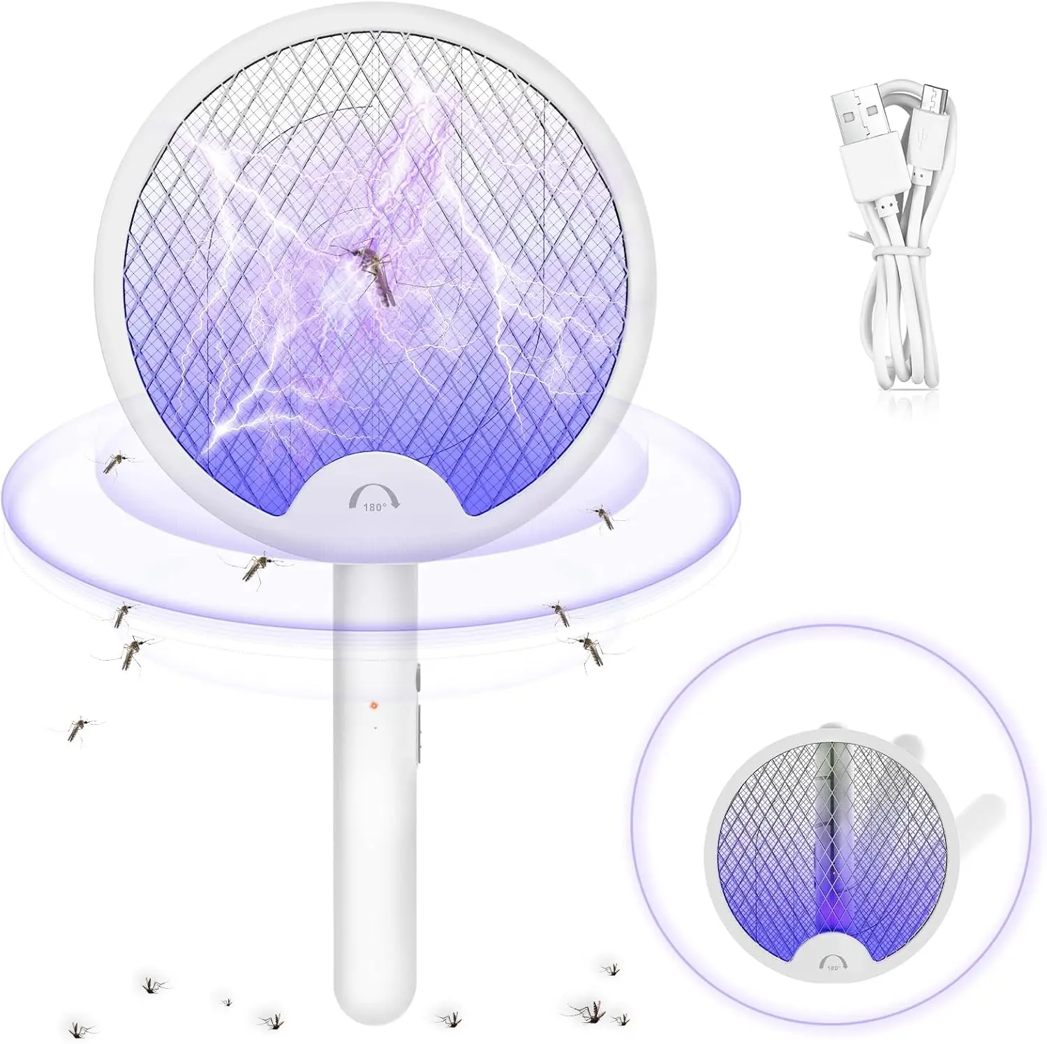 Electric Fly Swatter Foldable Bug Zapper Racket 2 in 1 Mosquito Killer with Purple Attractant Light Rechargeable 1500mAh for Indoor Home Backyard Patio Camping (1, White)