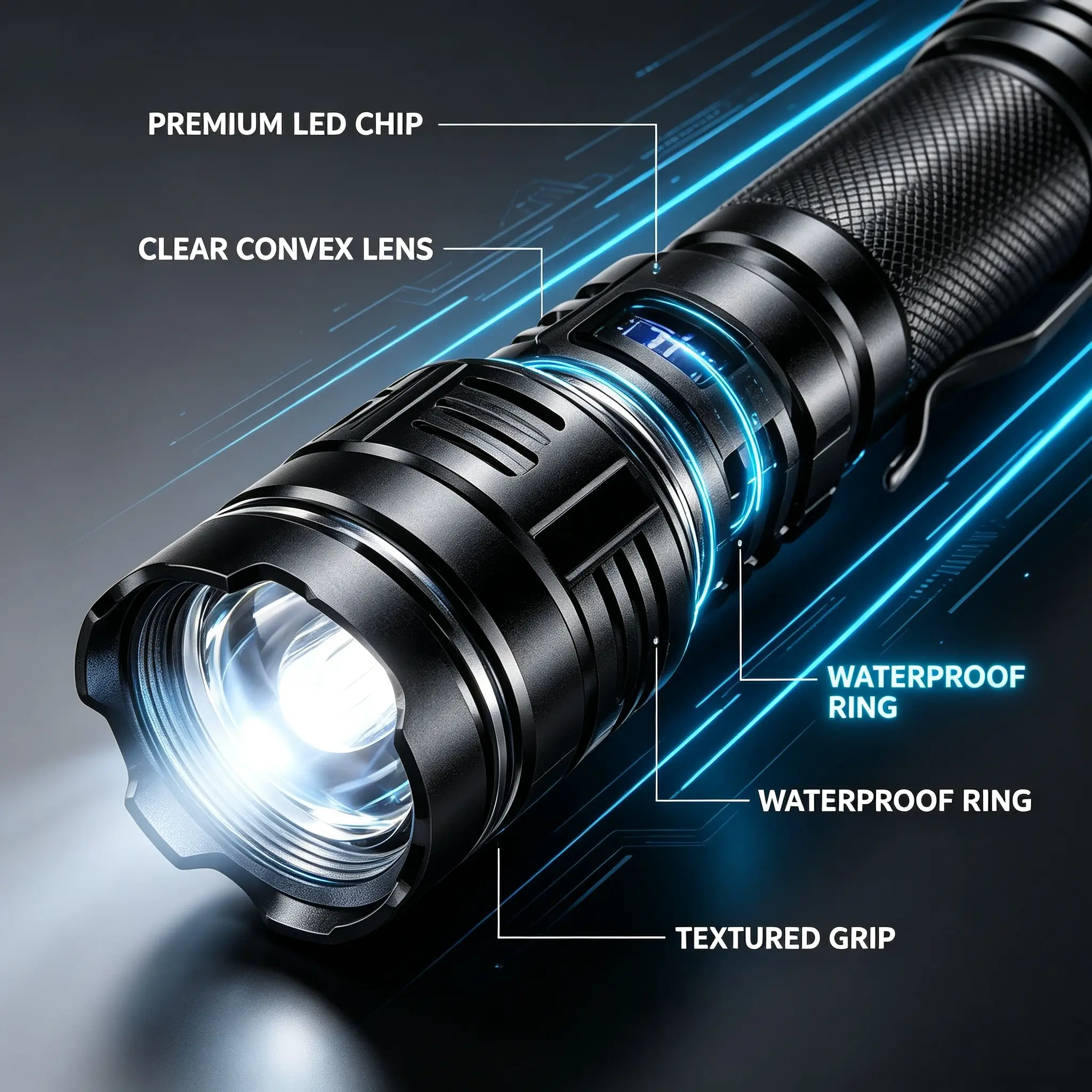 Rechargeable Tactical Flashlight, High Lumen LED Handheld Torch with Digital Power Display, IPX6 Waterproof, Multiple Light Modes, Clip-on Portable EDC Flash Light for Camping, Car Emergency, Hiking Home Blackout Multicolor Work