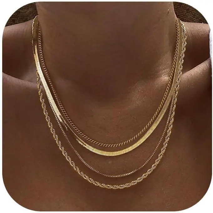 Tewiky Layered Necklaces for Women Non Tarnish- Chunky 14k Gold Plated Herringbone/Snake/Rope/Box/Cuban Link Chain for Women Waterproof Layering Stack Choker Necklace Trendy Dainty Tarnish Free Jewelry Set, Non Tarnish Jewelry