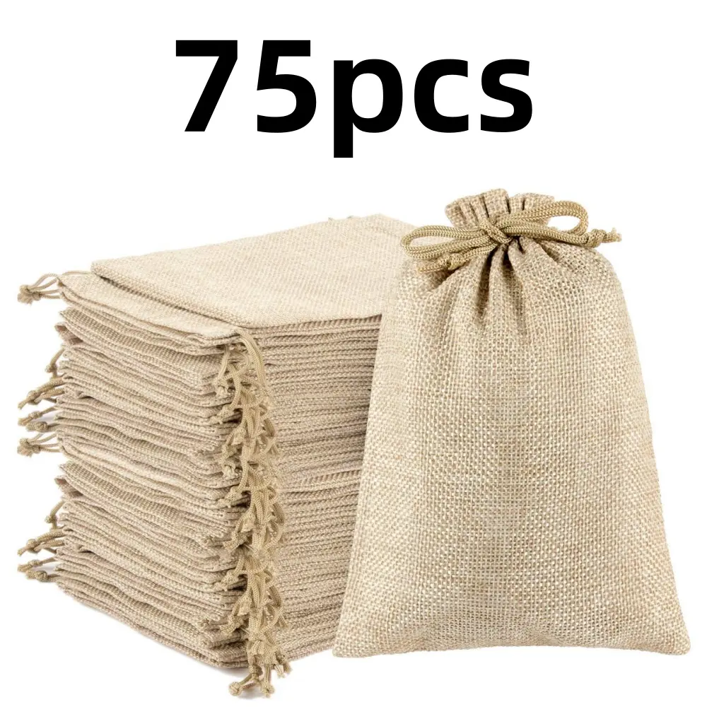 75 pcs 3.7"x5.4" Linen Sacks Bag Small Burlap Drawstring Gift Bags Reusable DIY Craft Bags for Party, Jewelry Pouches, Christmas, Festival