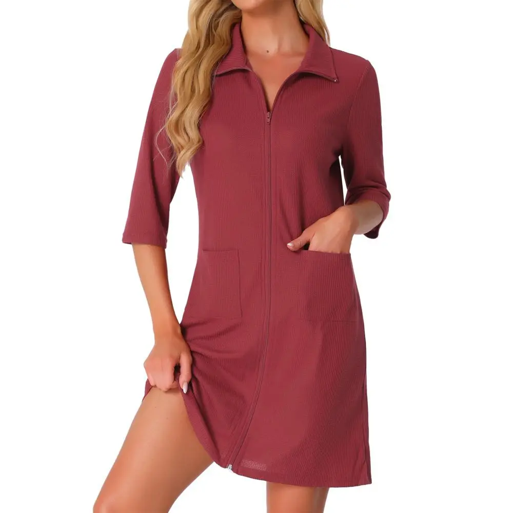 INSPIRE CHIC Women's Zipper Robes Waffle 3/4 Sleeves Bathrobe Gift Knee Length House Coat Short Sleepwear with Pockets Small Claret