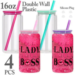 4 PACK 16 oz Acrylic Plastic Snow Globe Tumbler with Pre-drilled Hole, Double Wall Plastic Snowglobe Can Water Cup with Lid and Straw, Silicone Stopper for Snow Globe Glitter DIY & UV DTF Transfers Drinkware Washable