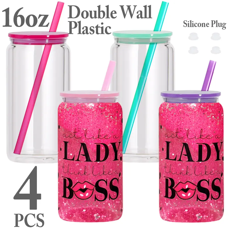 4 PACK 16 oz Acrylic Plastic Snow Globe Tumbler with Pre-drilled Hole, Double Wall Plastic Snowglobe Can Water Cup with Lid and Straw, Silicone Stopper for Snow Globe Glitter DIY & UV DTF Transfers Drinkware Washable