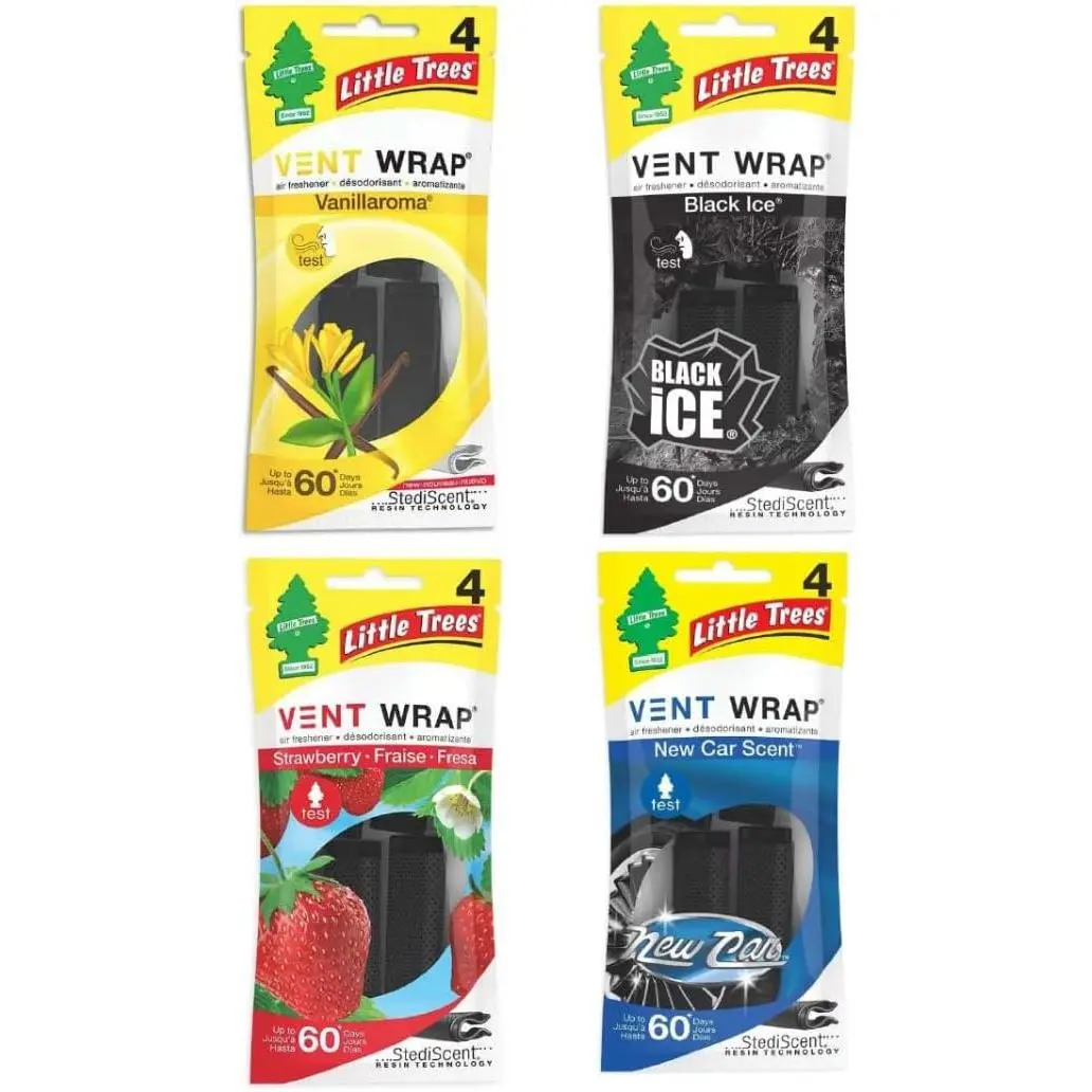 Little Trees AHSR Vehicle Vent Wrap Fresheners with Stedi Scent Technology, 4 Pcs Assorted (Black Ice A, New Car, Vanillaroma, Strawberry) - Woody, Mysteriously Enticing, Coconut Sugarcane Notes, for Car Owners, 4-Pack, Freshly-Picked Strawberries