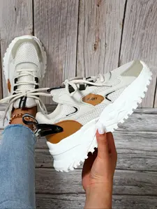 Women's Fashion Colorblock Lace Up Low Top Sneakers, Casual Comfortable Breathable Sports Running Shoes, All-match Round Toe Chunky Sneakers for Daily Wear, Casual Running Footwear
