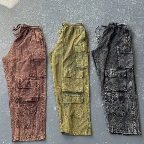 Women's Stonewashed Soft Cotton Plaid Cargo Pants - Loose Casual Vintage Clothing, Earthy Witchy Vibe Utility Pants with Pockets, Handmade Festival Streetwear Bottoms