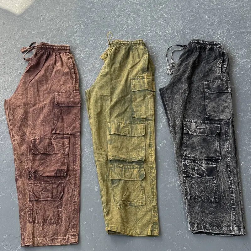 Women's Stonewashed Soft Cotton Plaid Cargo Pants - Loose Casual Vintage Clothing, Earthy Witchy Vibe Utility Pants with Pockets, Handmade Festival Streetwear Bottoms
