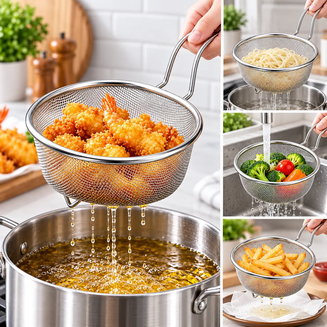 Sturdy Stainless Steel Standing-Type Mesh Strainer Basket with Handle, Fine Mesh Deep Metal Food Colander Utensils, Multipurpose Oil-Draining Strainers and Colanders with Scoop for Noodles, Frying