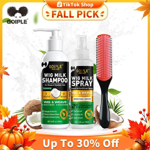Goiple Synthetic Wig Care Kit - Gentle Tea Tree Daily Shampoo, Conditioning Hydrate Shine Detangler & Anti-Frizz Milk Spray, Summer Vibes Back to School Haircare Cleanser