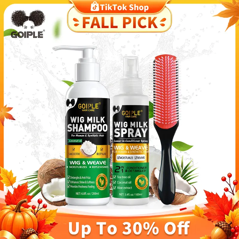 Goiple Synthetic Wig Care Kit - Gentle Tea Tree Daily Shampoo, Conditioning Hydrate Shine Detangler & Anti-Frizz Milk Spray, Summer Vibes Back to School Haircare Cleanser