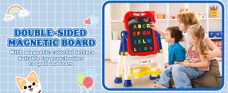 【Kids Gifts】Art Easel for Kids,Adjustable Wooden Kids Art Easel with Paper Roll,Double-Sided Magnetic Toddler Easels,Dry Erase Whiteboard and Chalk Board,Toys for 3 4 5 6 7 8 9 10 Year Old Girl Boy Gift