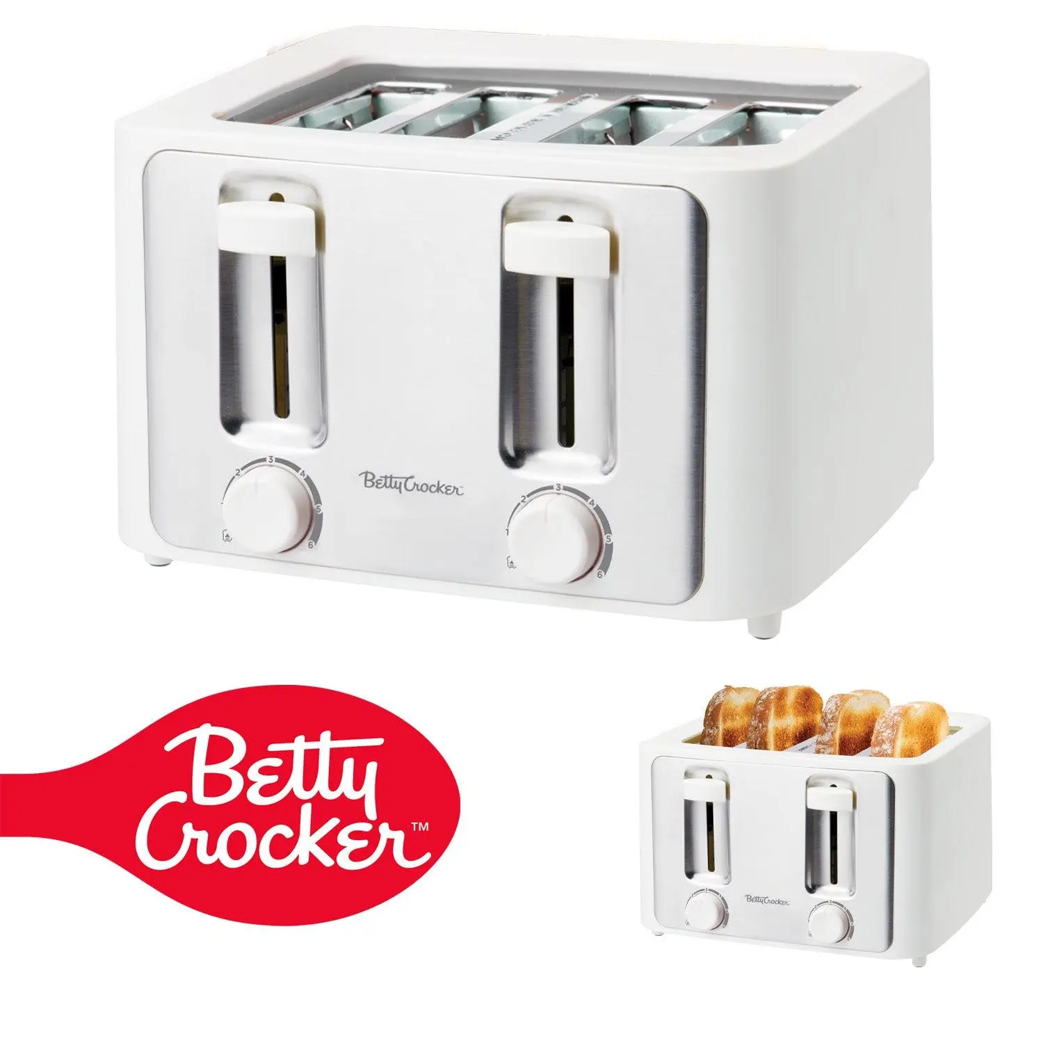 Betty Crocker 4-Slice Corded Compact Countertop Toaster (BC-5635W) - 1500W Stainless Steel Cool Touch Housing, Even Browning Variable Shade Control Dials, High Lift, Cancel Anytime, Centered Every Time Bread Guides, BPA-Free, Ideal for Small Kitchens, App