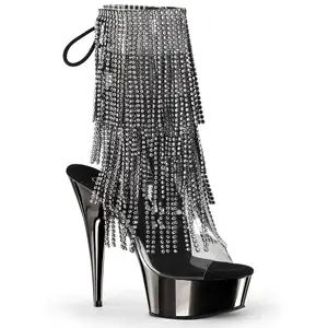 Pleaser DELIGHT-1017RSF Dark Pewter Chrome Fringe Ankle Boots Platform Footwear, Shoe, Lace, Women, Party