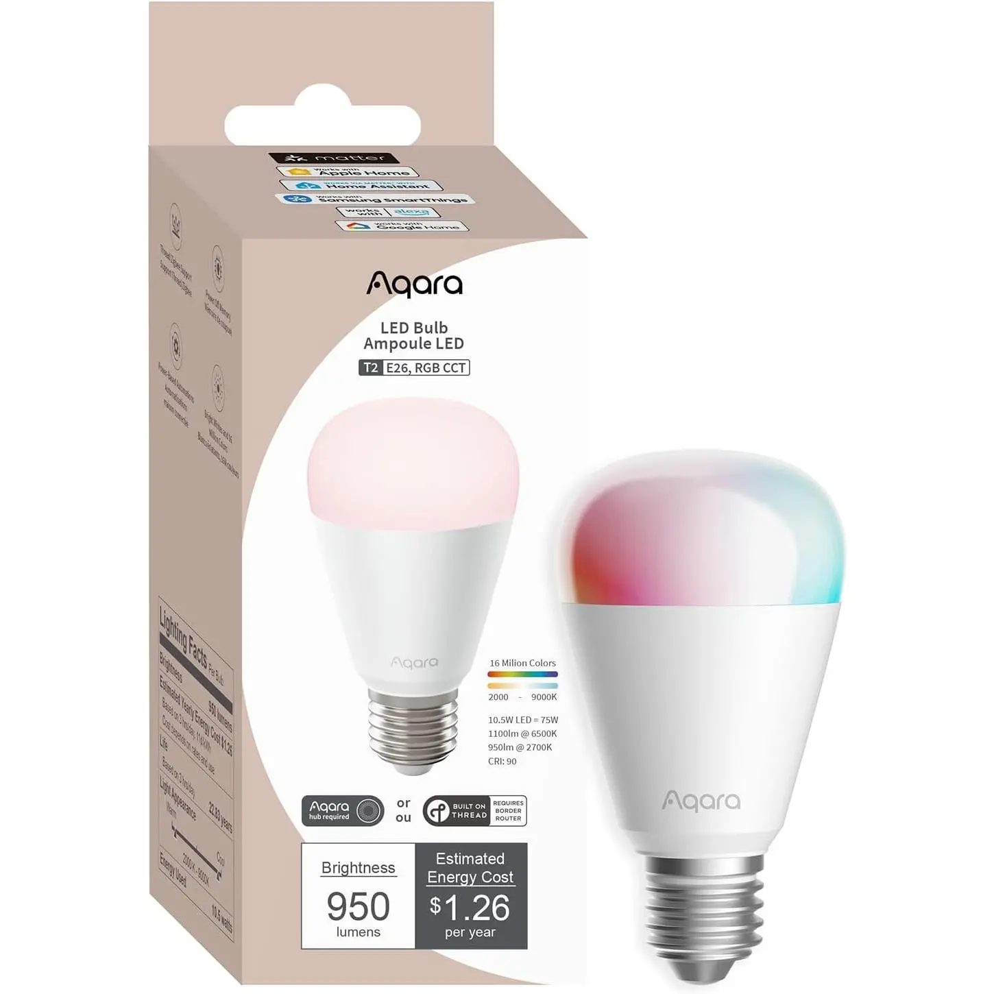 Thread/Zigbee Smart LED Light Bulb T2 E26, 1 Pack