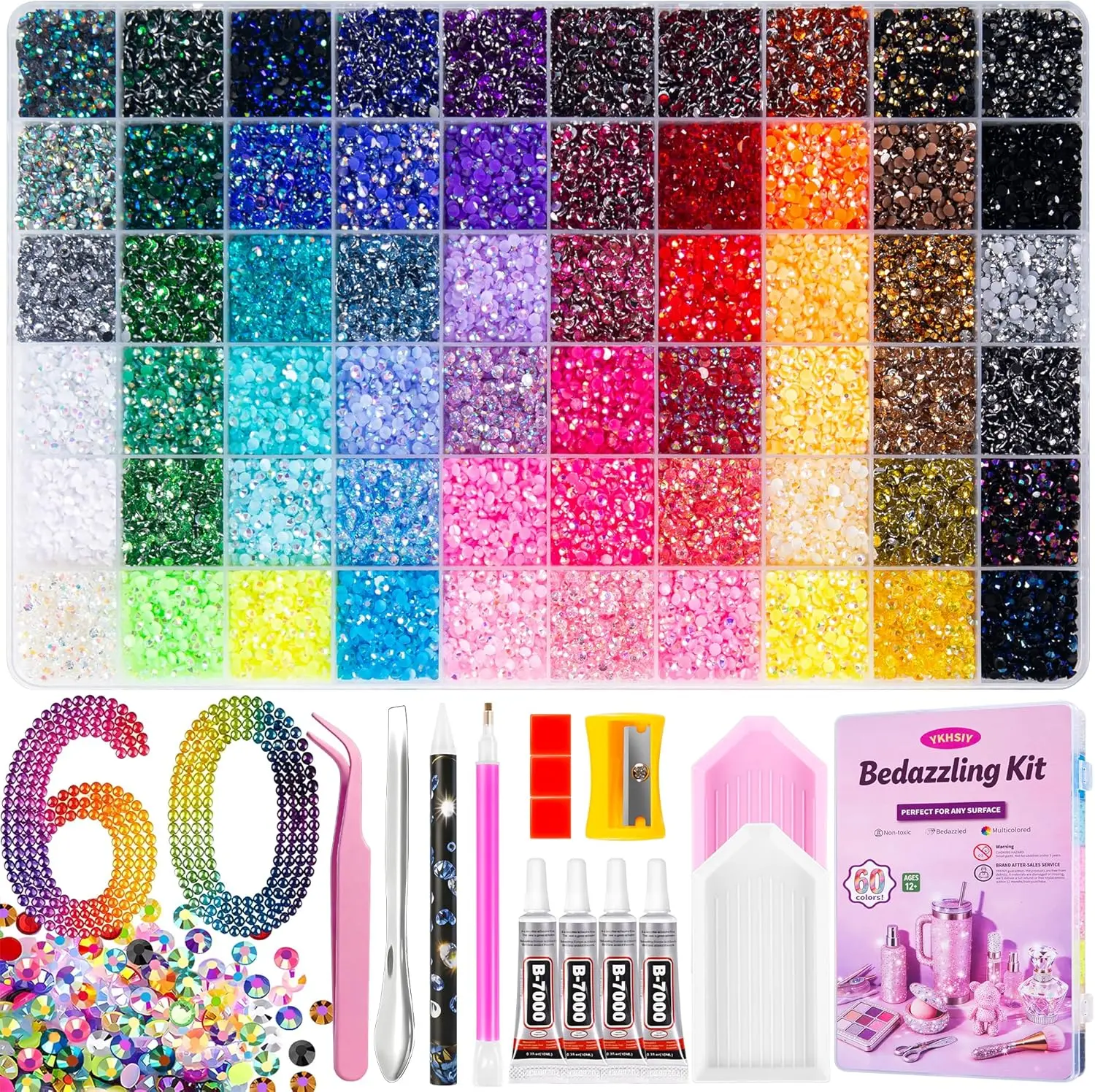 YKHSIY Nail Art Rhinestones Bedazzling Kit - 48000Pcs 60 Colors 3Mm Resin Jelly Flatback Gems, 4Pcs 10Ml B7000 Jewelry Glue & Tools for Diamond Art, Women's Christmas Birthday Gifts