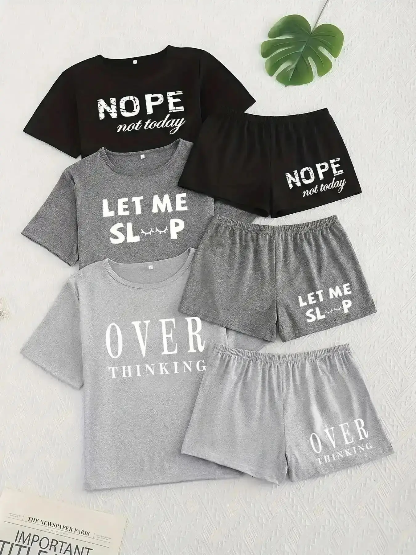 Women's Letter Print Sleepwear Set, Three-Piece Short Sleeve Shorts Pajama Suit, Casual Loose Fit Matching Nightwear for Women, Loungewear, Party Ready, Chic, Ensemble, Weekend Wear, Vacation Ready, Glamorous