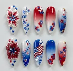 Handmade 4th of July Hibiscus Press On Nails | Luxury 3D Tropical Floral & American Flag Art | Elegant Red, White Blue Ombre Summer Nails