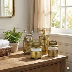 Vintage Brass Farmhouse Bathroom Set – 4 Piece Metal & Glass Vanity Accessories