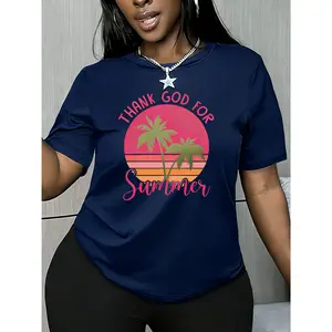 100% cotton women's short-sleeve top THANK GOD FOR Summer pink-orange gradient coconut tree sunset summer print round neck comfortable soft breathable suitable for spring, summer, and autumn
