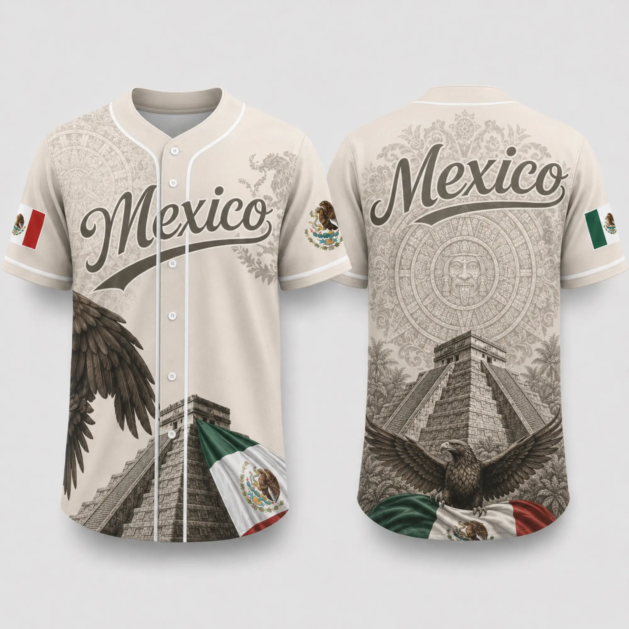 2026 Mexico Heritage Graphic Baseball Jersey, Vintage Aztec Calendar Short Sleeve Shirt, Beige Button Up Summer Clothing, Limited 3D All-Over Print Jerseys, Edition Unisex Casual Outfit