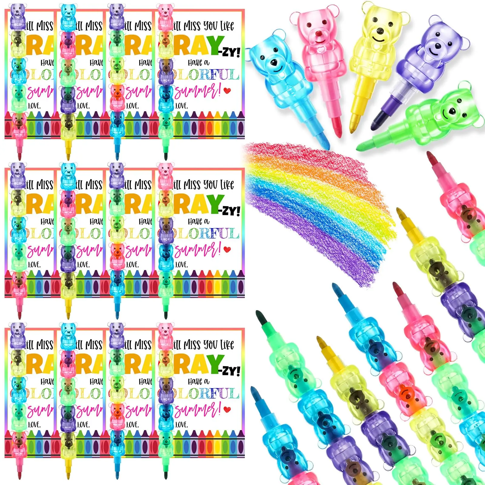 24/25 Sets Back to School Gifts for Students Bulk, Stackable Bear Crayons Colored Pencil Gift Cards Bags Hemp Rope Double Sided Adhesive Dots, School Classroom Prizes Reward Birthday Party Favors Goody Bag Filler for Preschooler Kindergarten Elementary