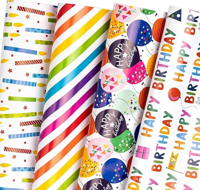 WRAPAHOLIC Birthday Wrapping Paper Sheets with Gift Tags, 12 Pack Folded Gift Wrap Paper for Birthday Party, Baby Shower & Celebrations, 19.7 x 27.5 Inches