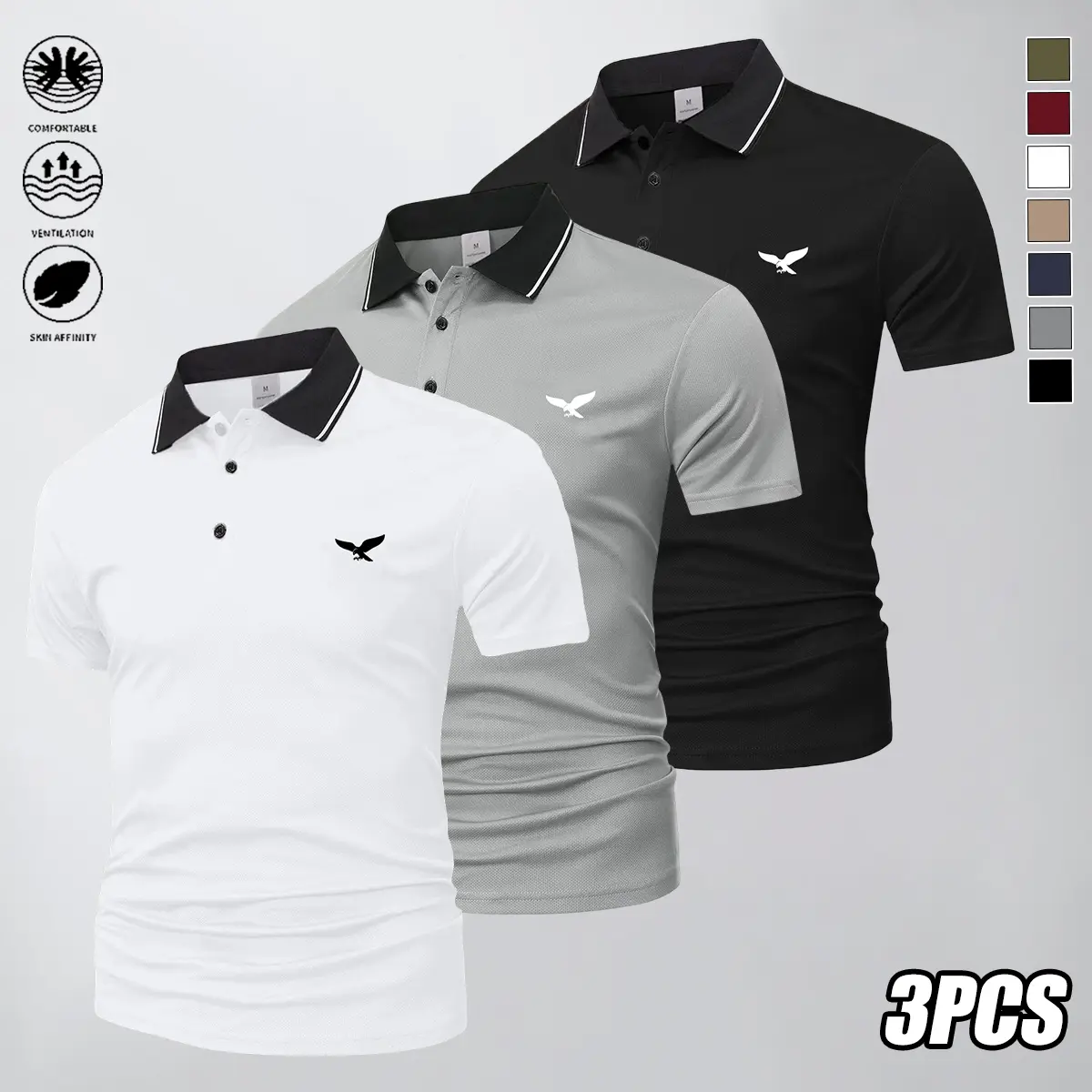 Men’s 3-Pack Regular Fit Plain Polyester Polo Shirts - Soft, Breathable, Short Sleeve Classic Collared Tops for Work, Golf & Everyday Wear, Casual